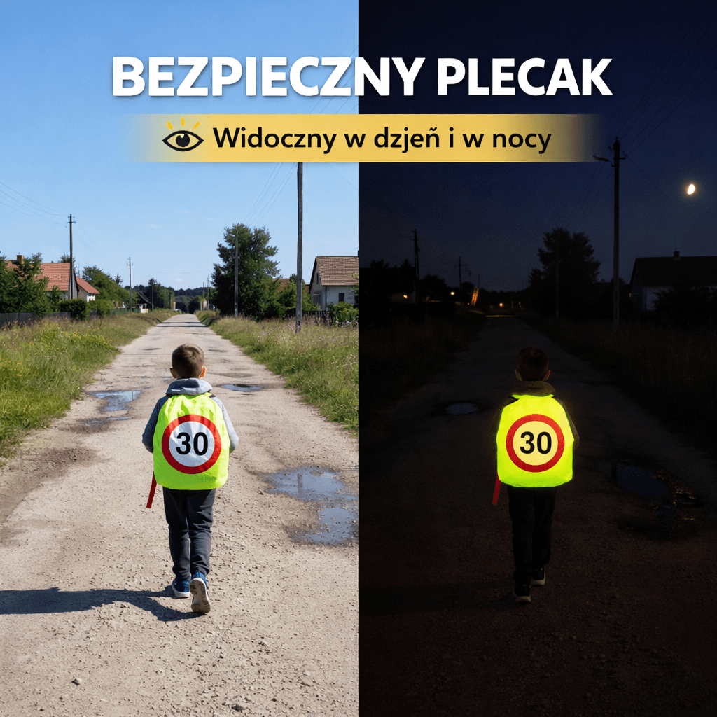 BEZPIECZNY PLECAK – Odblaskowy Pokrowiec Na Plecak Ze Znakiem Ograniczenia Prędkości 30 km/h