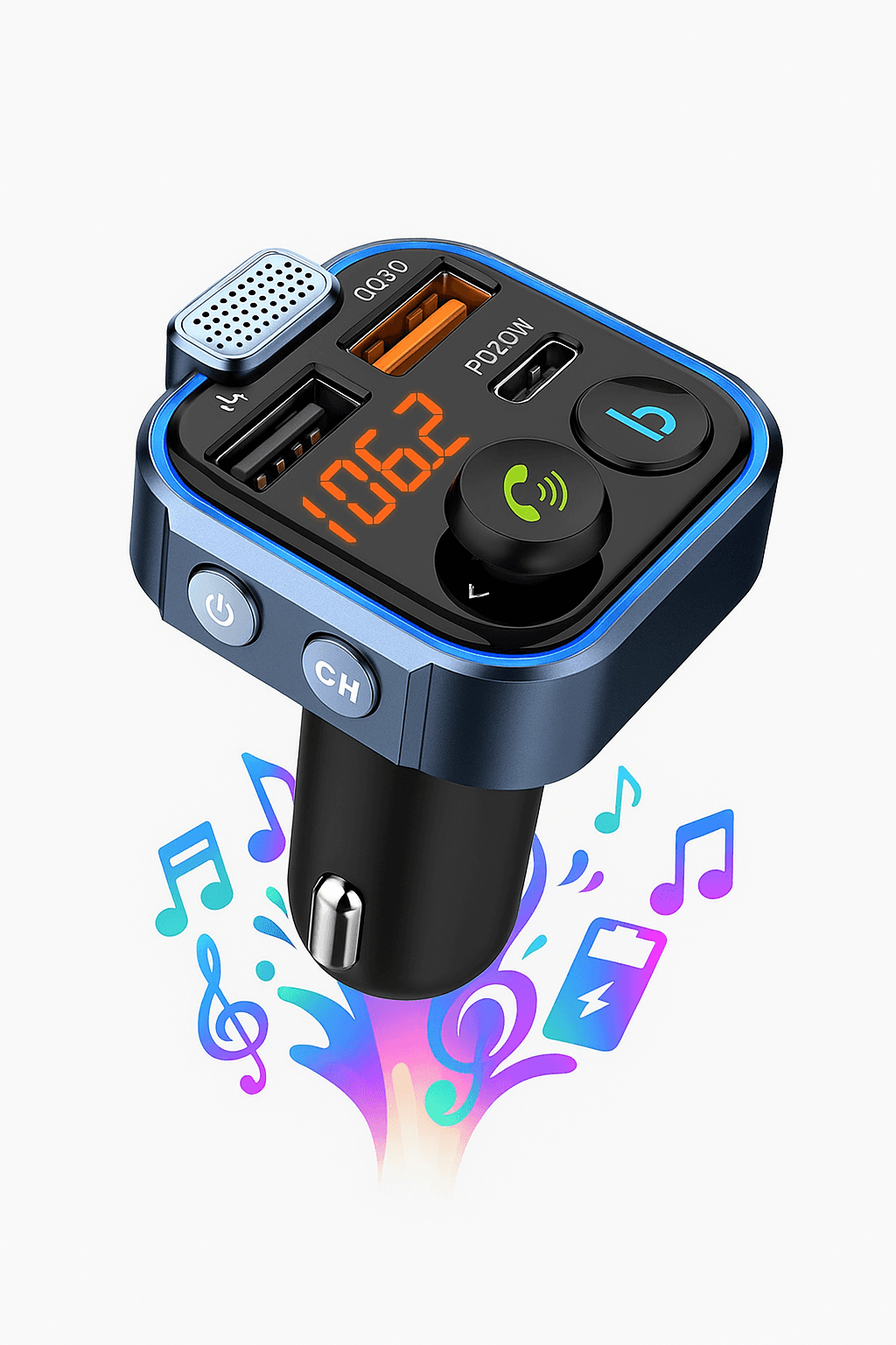 WERSJA 2025 !!! BEZPRZEWODOWY TRANSMITER USB BLUETOOTH 5.0 MP3 LED RGB