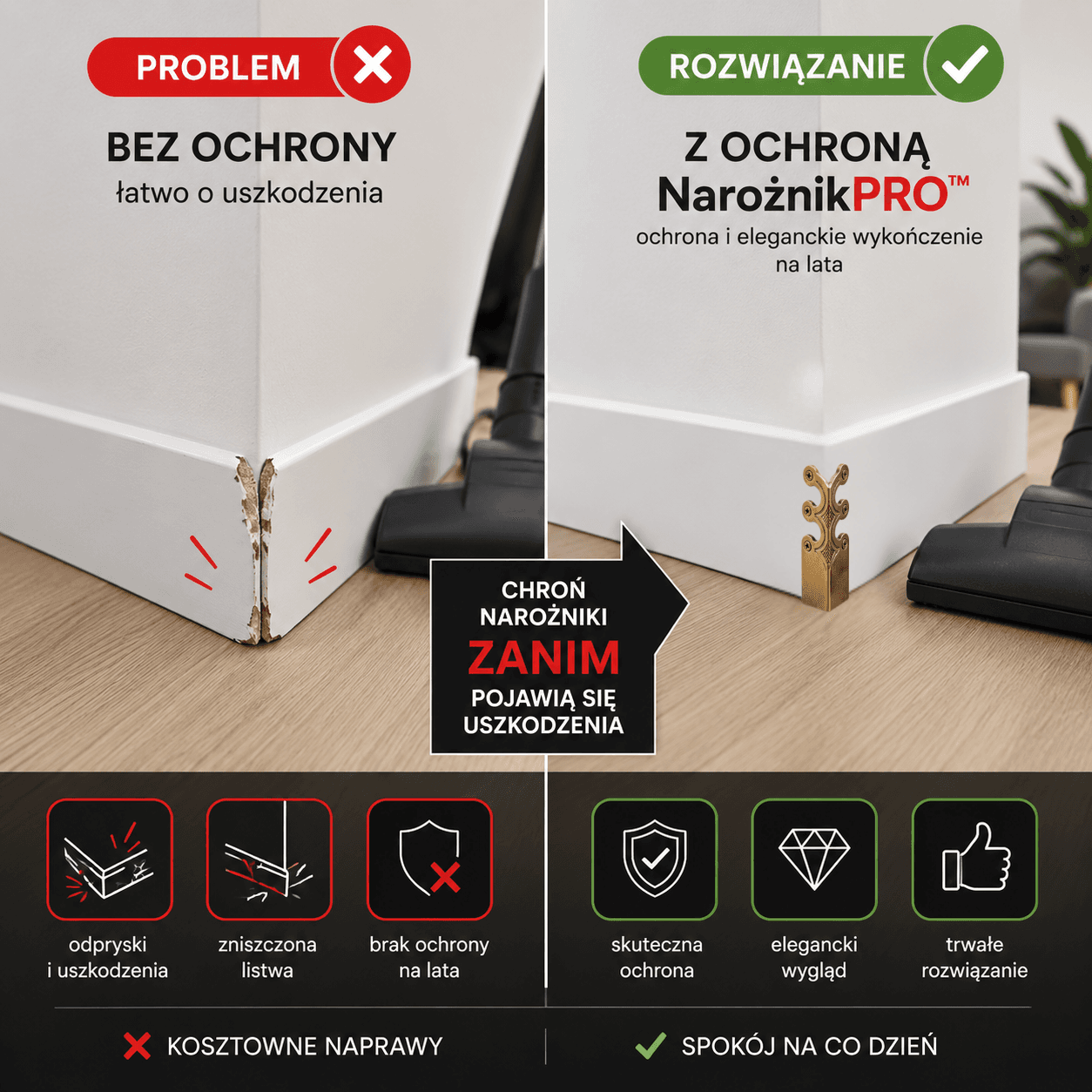NarożnikPRO™ - 6 SZTUK - Metalowe narożniki ochronno-dekoracyjne do listew przypodłogowych.