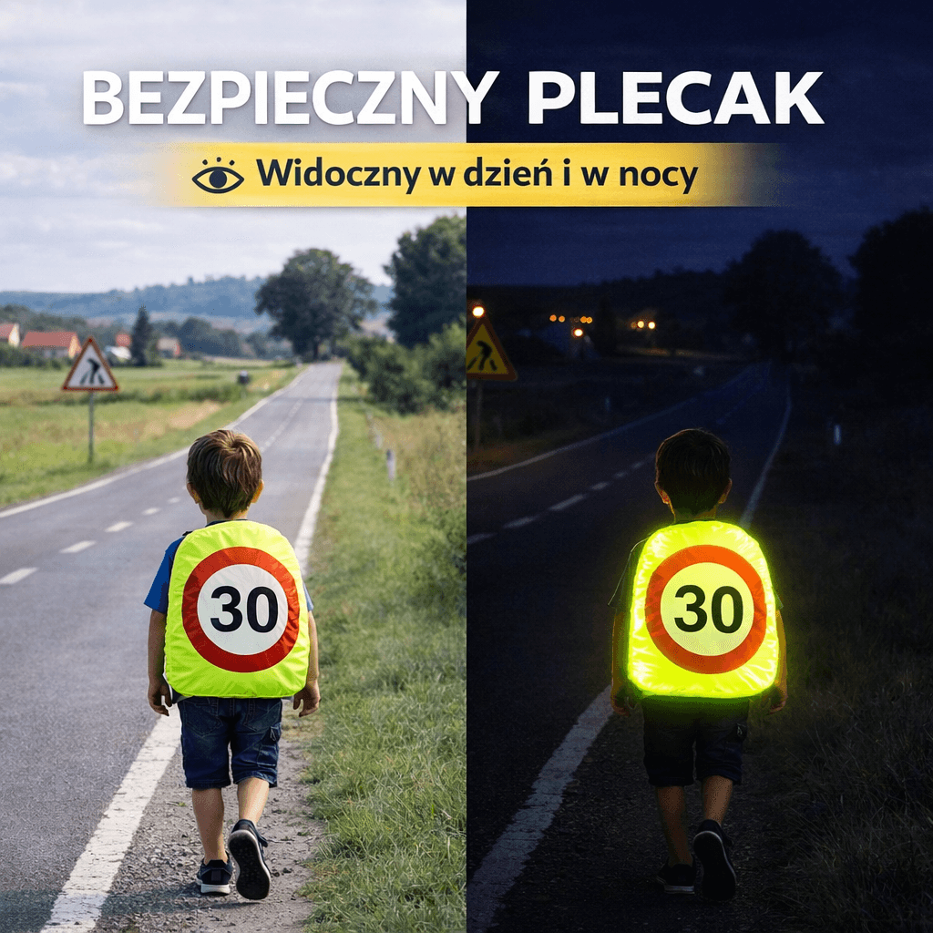 BEZPIECZNY PLECAK – Odblaskowy Pokrowiec Na Plecak Ze Znakiem Ograniczenia Prędkości 30 km/h