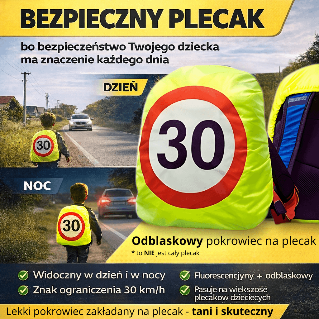 BEZPIECZNY PLECAK – Odblaskowy Pokrowiec Na Plecak Ze Znakiem Ograniczenia Prędkości 30 km/h