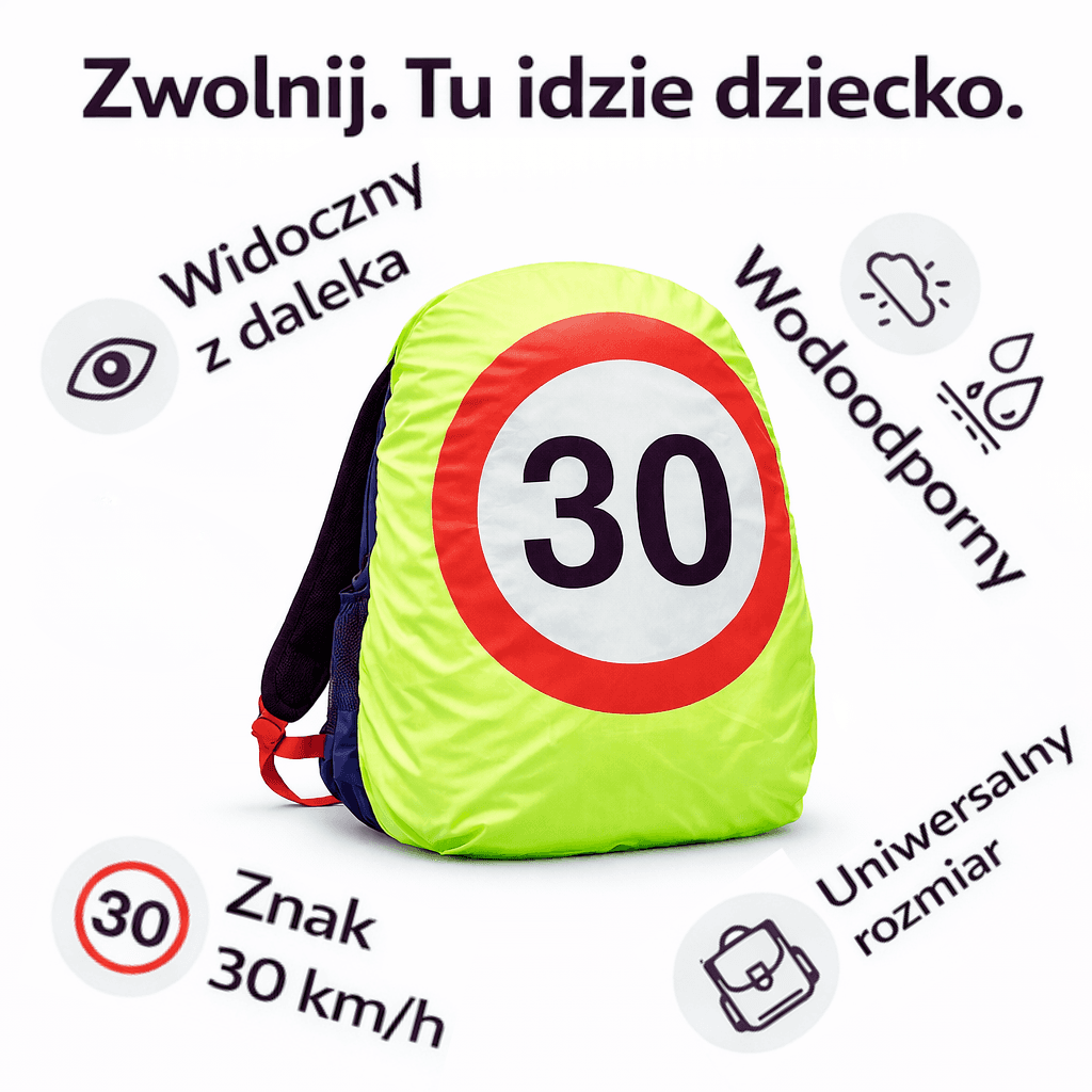 BEZPIECZNY PLECAK – Odblaskowy Pokrowiec Na Plecak Ze Znakiem Ograniczenia Prędkości 30 km/h