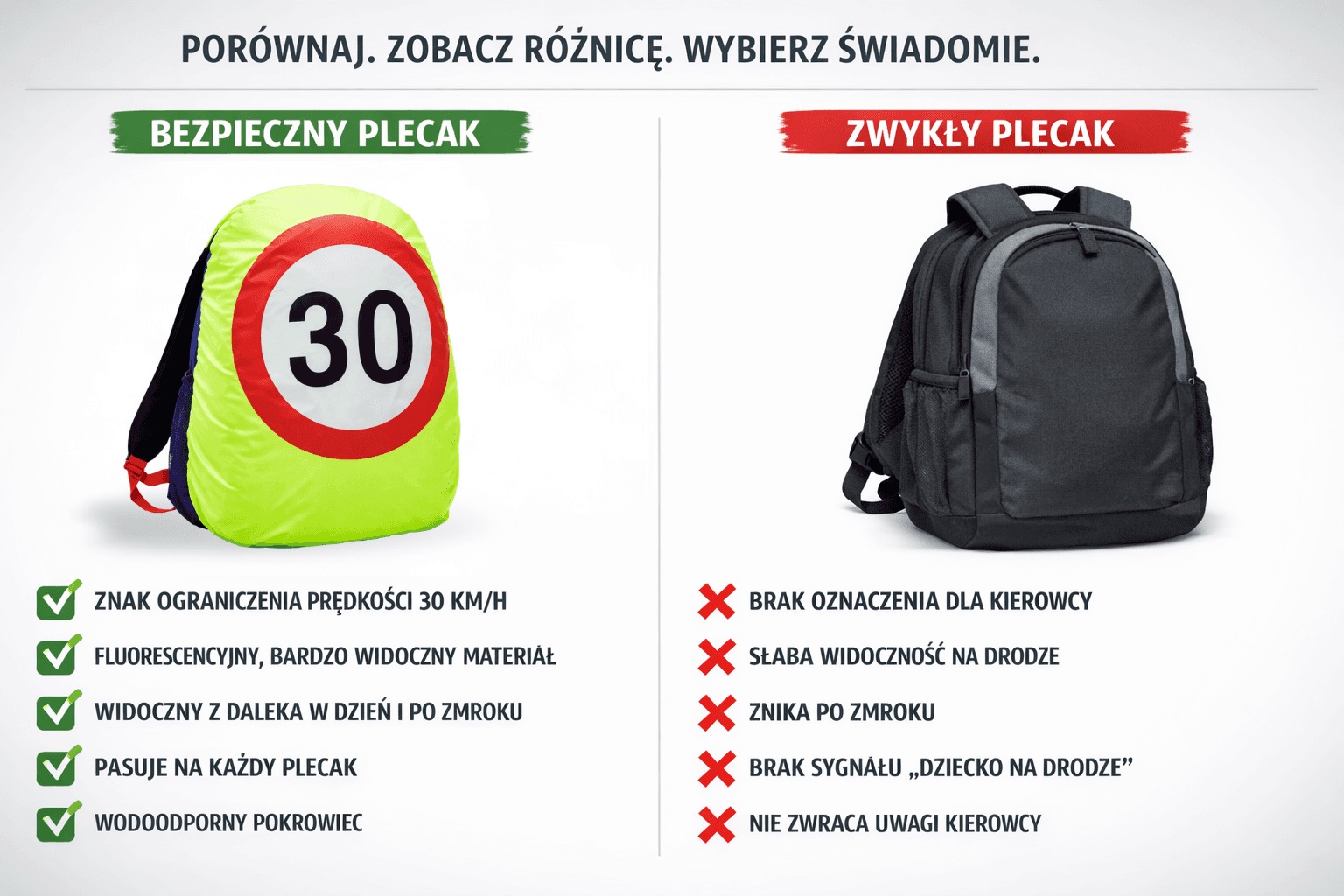 BEZPIECZNY PLECAK – Odblaskowy Pokrowiec Na Plecak Ze Znakiem Ograniczenia Prędkości 30 km/h