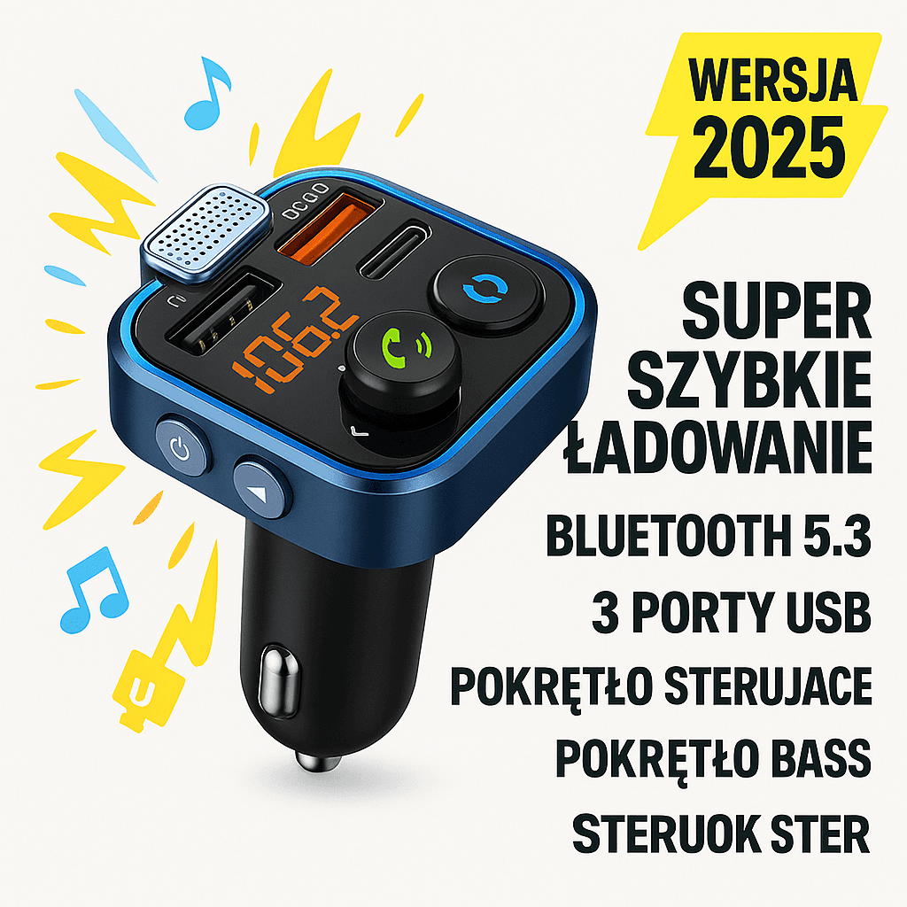 WERSJA 2025 !!! BEZPRZEWODOWY TRANSMITER USB BLUETOOTH 5.0 MP3 LED RGB