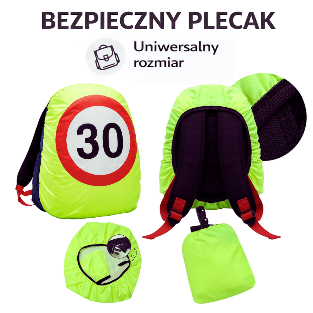 BEZPIECZNY PLECAK – Odblaskowy Pokrowiec Na Plecak Ze Znakiem Ograniczenia Prędkości 30 km/h