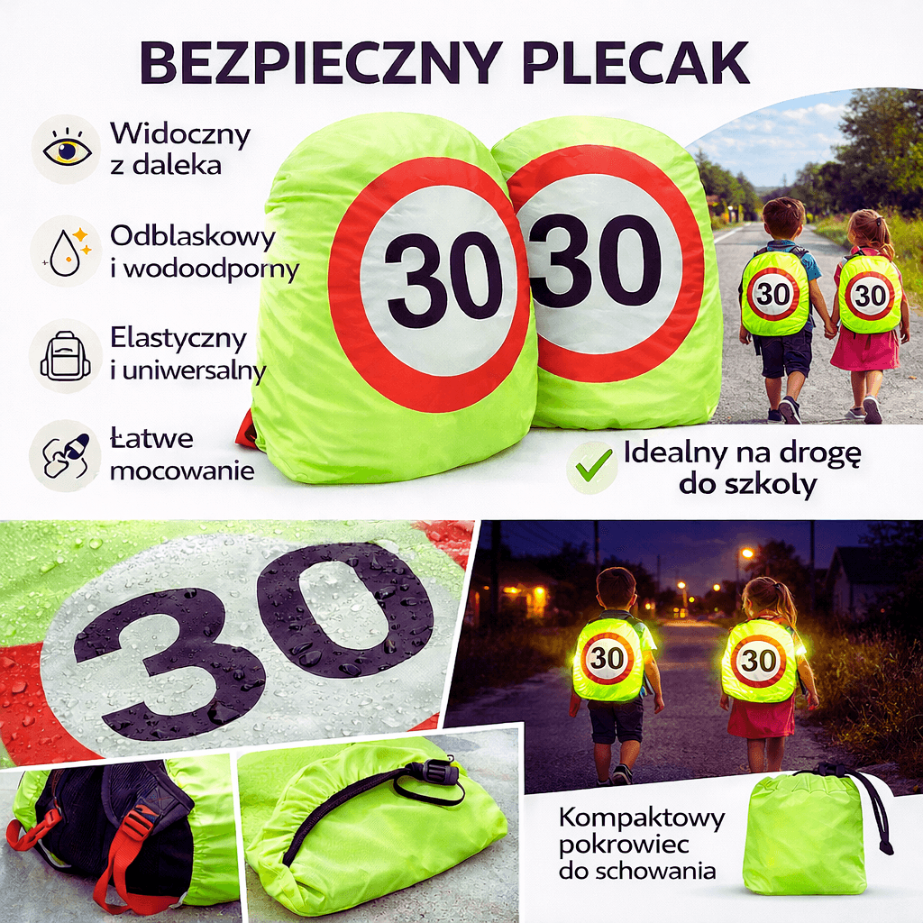 BEZPIECZNY PLECAK – Odblaskowy Pokrowiec Na Plecak Ze Znakiem Ograniczenia Prędkości 30 km/h